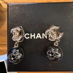 CHANEL Black Crystal CC Drop Earrings with Floral Orb